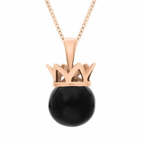 9ct Rose Gold Whitby Jet Royal Coronet 11mm Bead Pendant