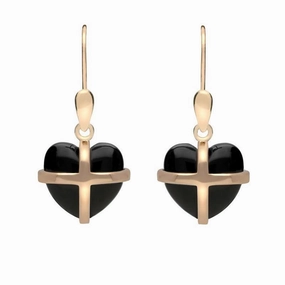 9ct Rose Gold Whitby Jet Small Cross Heart Drop Earrings