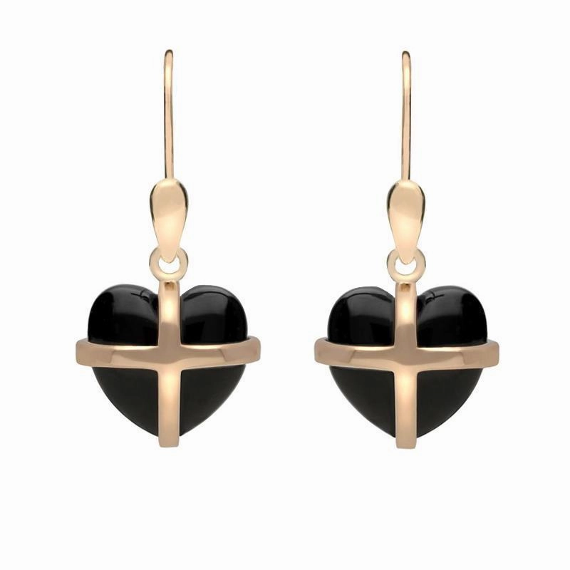 9ct Rose Gold Whitby Jet Small Cross Heart Drop Earrings