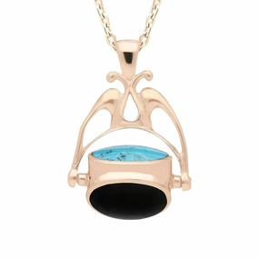 9ct Rose Gold Whitby Jet Turquoise and Mother of Pearl Swivel Fob Necklace