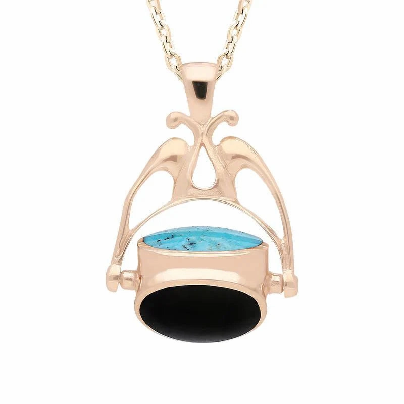 9ct Rose Gold Whitby Jet Turquoise and Mother of Pearl Swivel Fob Necklace