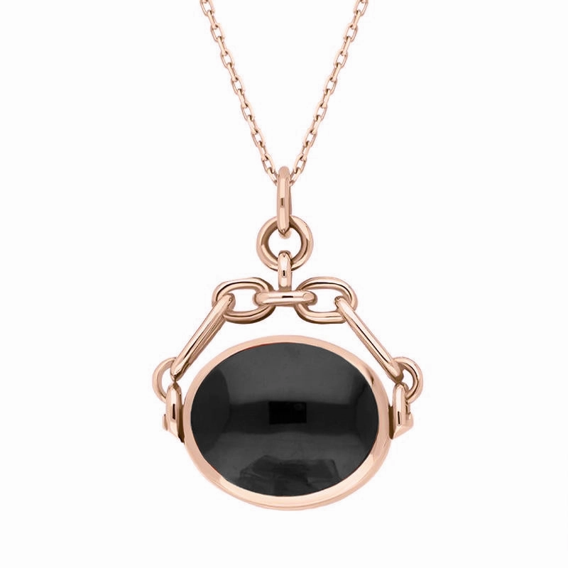 9ct Rose Gold Whitby Jet Turquoise Double Sided Swivel Fob Necklace