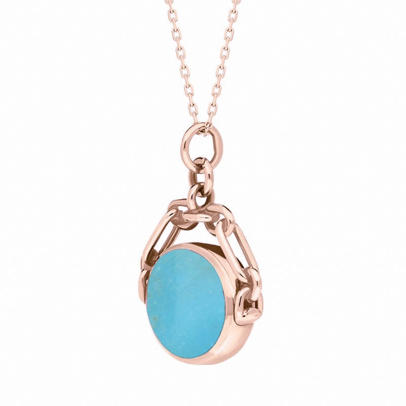 9ct Rose Gold Whitby Jet Turquoise Double Sided Swivel Fob Necklace