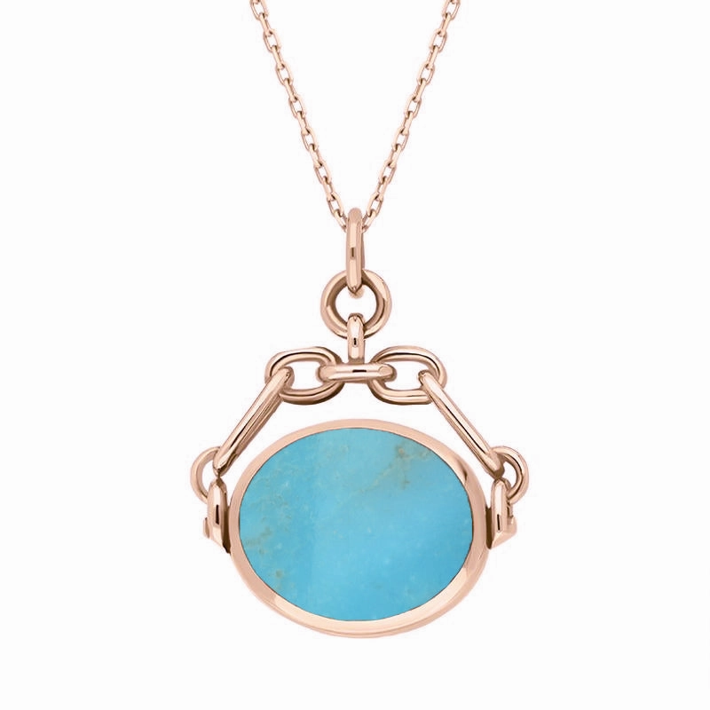 9ct Rose Gold Whitby Jet Turquoise Double Sided Swivel Fob Necklace