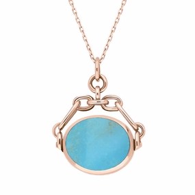 9ct Rose Gold Whitby Jet Turquoise Double Sided Swivel Fob Necklace