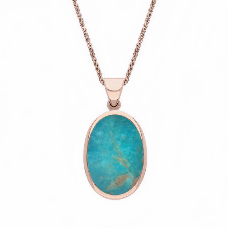9ct Rose Gold Whitby Jet Turquoise Small Double Sided Fob Necklace