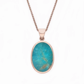 9ct Rose Gold Whitby Jet Turquoise Small Double Sided Fob Necklace