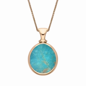 9ct Rose Gold Whitby Jet Turquoise Small Double Sided Pear Fob Necklace