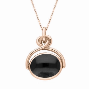 9ct Rose Gold Whitby Jet White Mother of Pearl Oval Swivel Fob Necklace