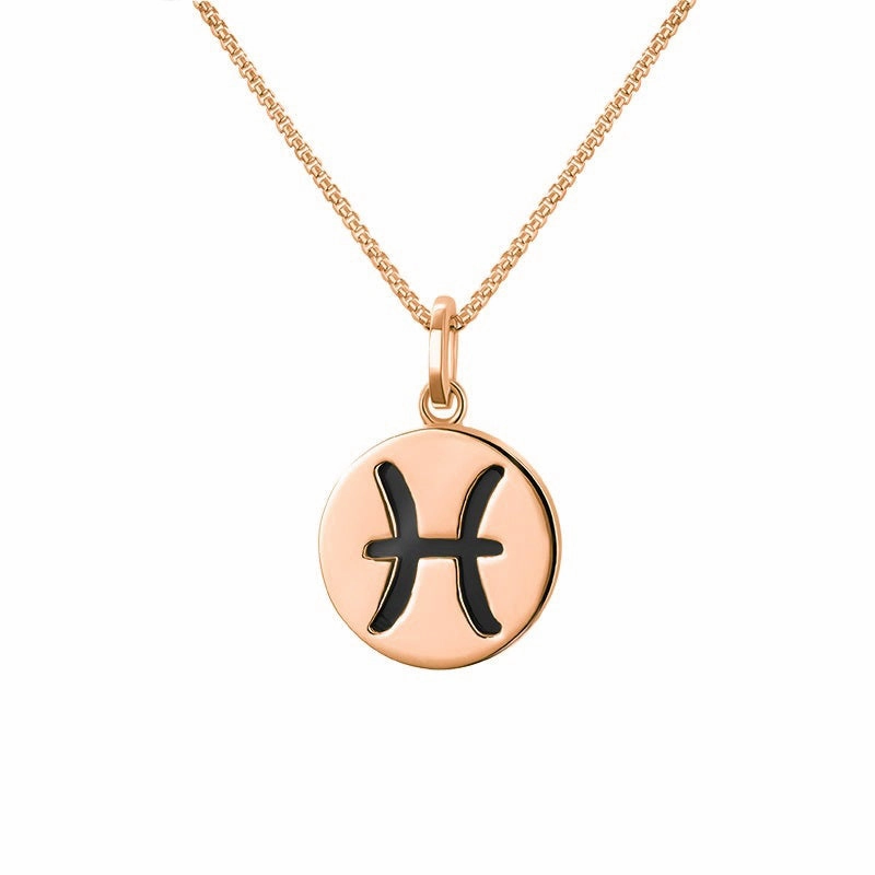 9ct Rose Gold Whitby Jet Zodiac Pisces Round Necklace