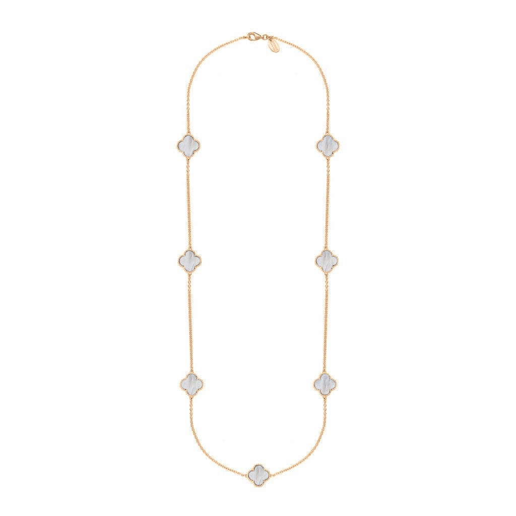 9ct Rose Gold White Mother of Pearl Bloom Four Leaf Clover Ball Edge Long Necklace
