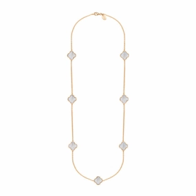 9ct Rose Gold White Mother of Pearl Bloom Four Leaf Clover Ball Edge Long Necklace