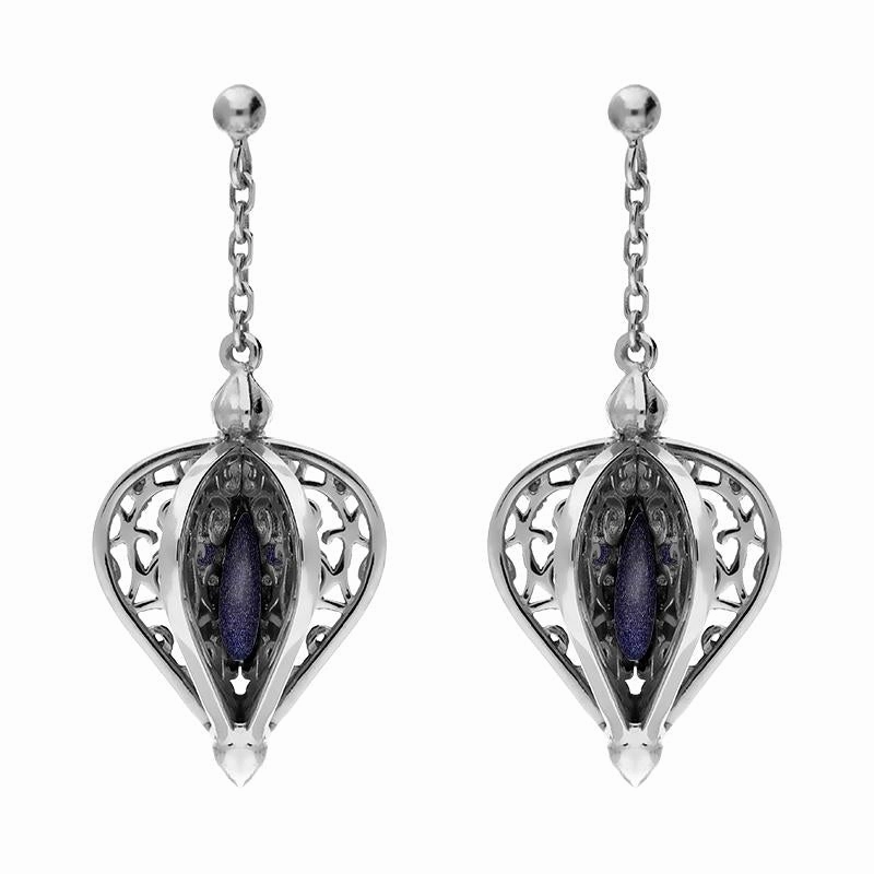 9ct White Gold Blue Goldstone Flore Filigree Drop Earrings