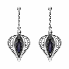 9ct White Gold Blue Goldstone Flore Filigree Drop Earrings
