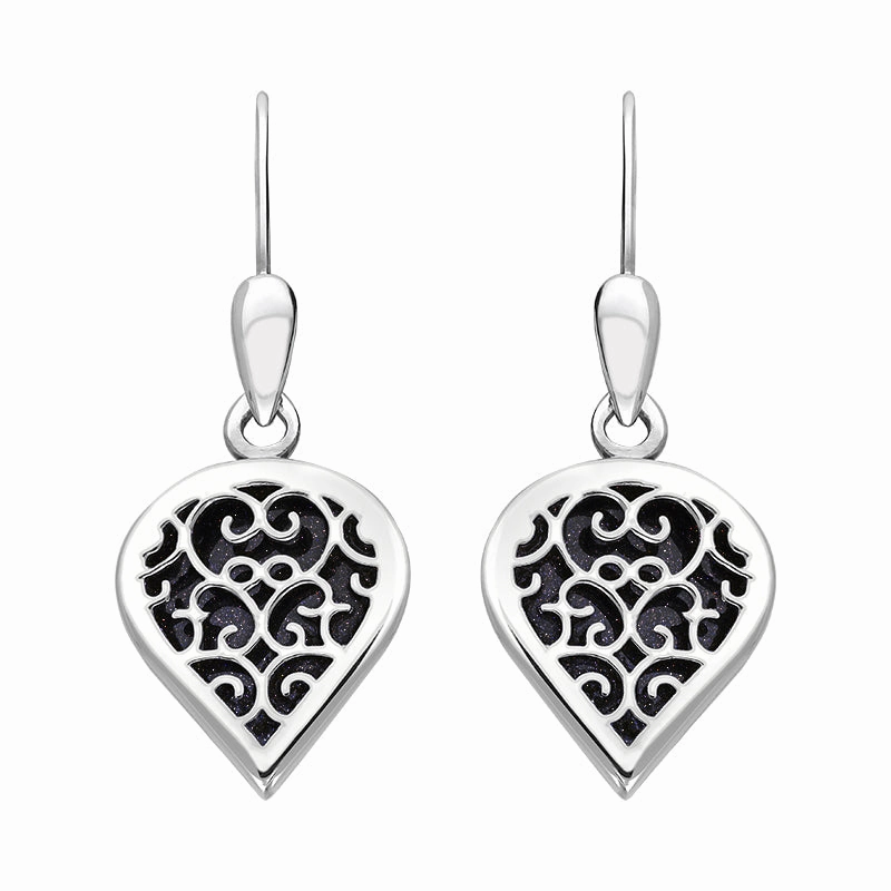 9ct White Gold Blue Goldstone Flore Filigree Heart Drop Earrings