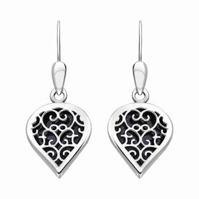 9ct White Gold Blue Goldstone Flore Filigree Heart Drop Earrings