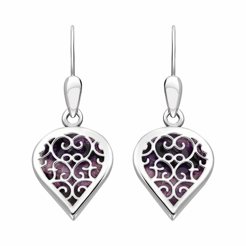9ct White Gold Blue John Flore Filigree Heart Drop Earrings