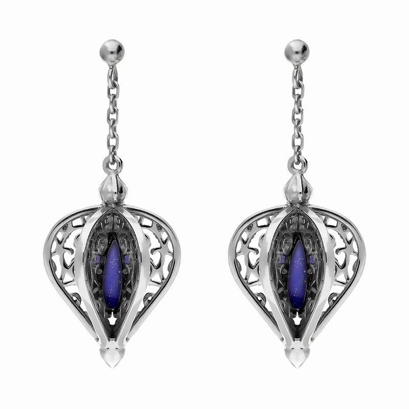 9ct White Gold Lapis Lazuli Flore Filigree Drop Earrings