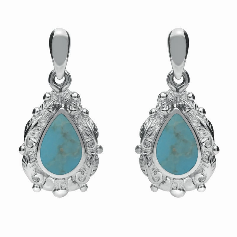9ct White Gold Turquoise Pear Shaped Leaf Drop Earrings