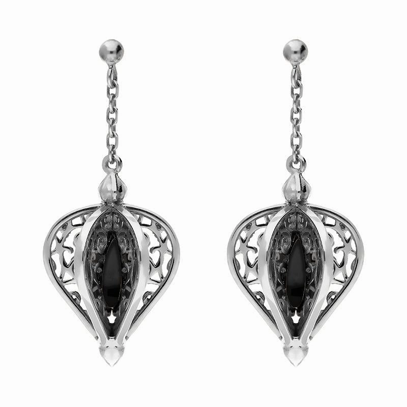9ct White Gold Whitby Jet Flore Filigree Drop Earrings