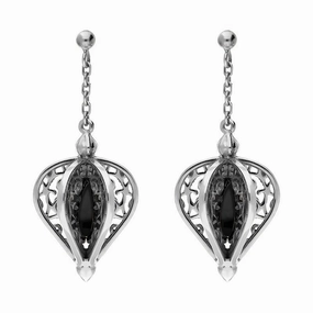 9ct White Gold Whitby Jet Flore Filigree Drop Earrings