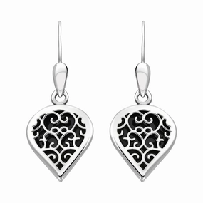 9ct White Gold Whitby Jet Flore Filigree Heart Drop Earrings
