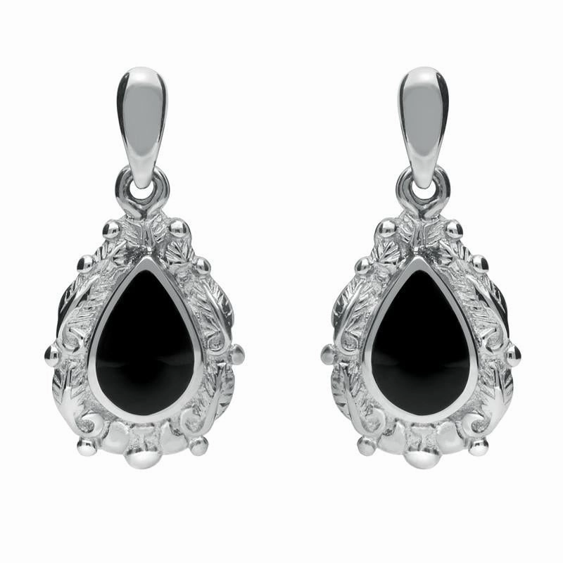 9ct White Gold Whitby Jet Pear Shaped Leaf Drop Earrings