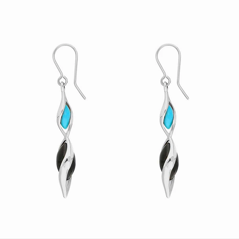 9ct White Gold Whitby Jet Turquoise Double Graduated Twist Drop Earrings