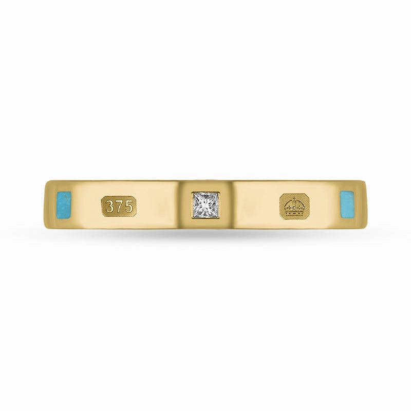 9ct Yellow Gold 0.05ct Diamond Turquoise King's Coronation Hallmark Princess Cut 3mm Ring D