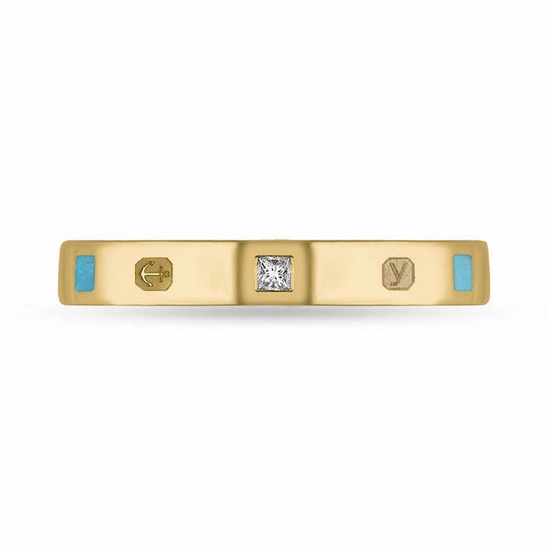 9ct Yellow Gold 0.05ct Diamond Turquoise King's Coronation Hallmark Princess Cut 3mm Ring D