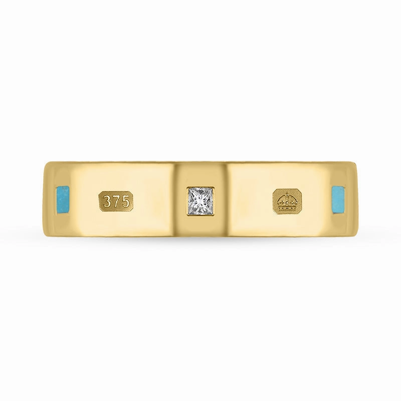 9ct Yellow Gold 0.12ct Diamond Turquoise King's Coronation Hallmark Princess Cut 5mm Ring D