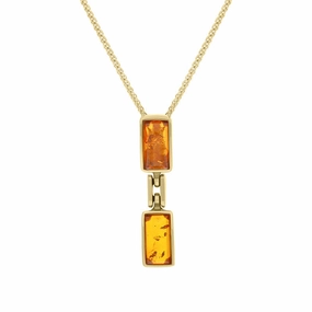 9ct Yellow Gold Amber Double Oblong Drop Necklace D