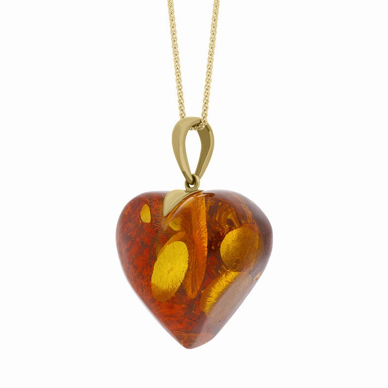 9ct Yellow Gold Amber Heart Pendant Necklace D