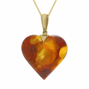 9ct Yellow Gold Amber Heart Pendant Necklace D