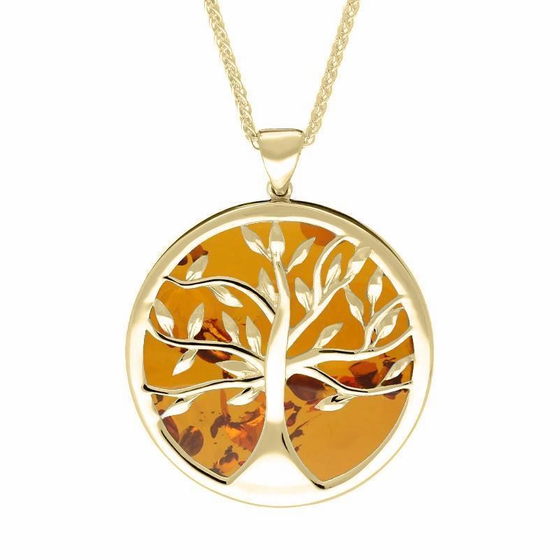 9ct Yellow Gold Amber Large Round Tree of Life Two Piece Set