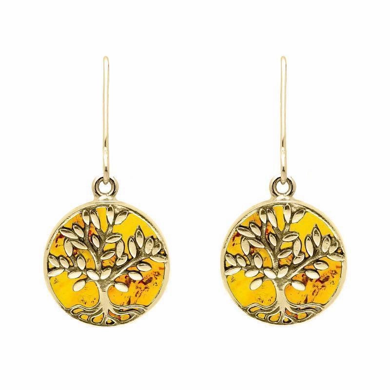 9ct Yellow Gold Amber Round Large Tree of Life Leaves Drop Earrings