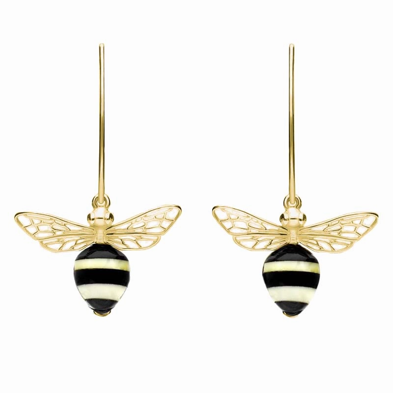 9ct Yellow Gold Amber Whitby Jet Bee Small Hook Earrings