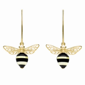 9ct Yellow Gold Amber Whitby Jet Bee Small Hook Earrings