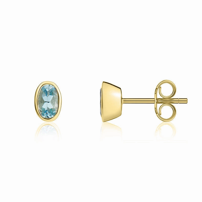 9ct Yellow Gold Aquamarine 5x3mm Oval Rub Over Set Stud Earrings