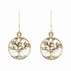 9ct Yellow Gold Bauxite Round Large Tree of Life Leaves Drop Earrings