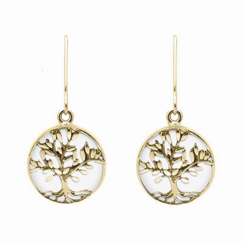 9ct Yellow Gold Bauxite Round Large Tree of Life Leaves Drop Earrings