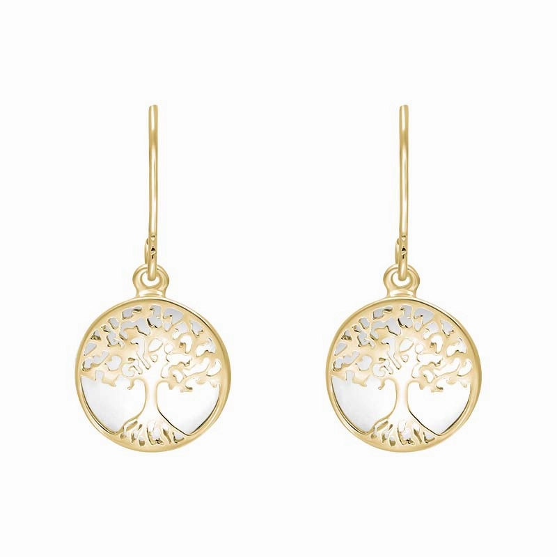 9ct Yellow Gold Bauxite Round Tree of Life Drop Earrings