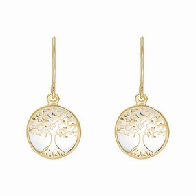 9ct Yellow Gold Bauxite Round Tree of Life Drop Earrings