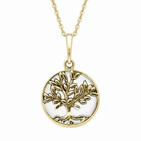 9ct Yellow Gold Bauxite Small Round Large Leaves Tree of Life Necklace