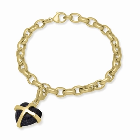 9ct Yellow Gold Blue Goldstone Medium Cross Heart Charm Bracelet