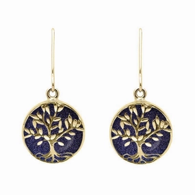 9ct Yellow Gold Blue Goldstone Round Large Tree of Life Leaves Drop Earrings