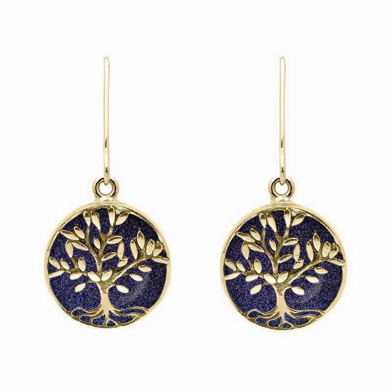 9ct Yellow Gold Blue Goldstone Round Large Tree of Life Leaves Drop Earrings