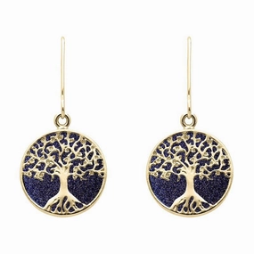 9ct Yellow Gold Blue Goldstone Round Tree of Life Drop Earrings