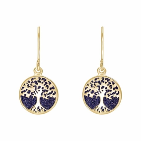 9ct Yellow Gold Blue Goldstone Round Tree of Life Drop Earrings