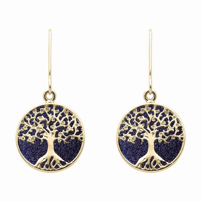 9ct Yellow Gold Blue Goldstone Round Tree of Life Drop Earrings